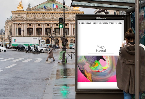 A poster designed for Fondation Louis Vuitton on a bus bench ad screen