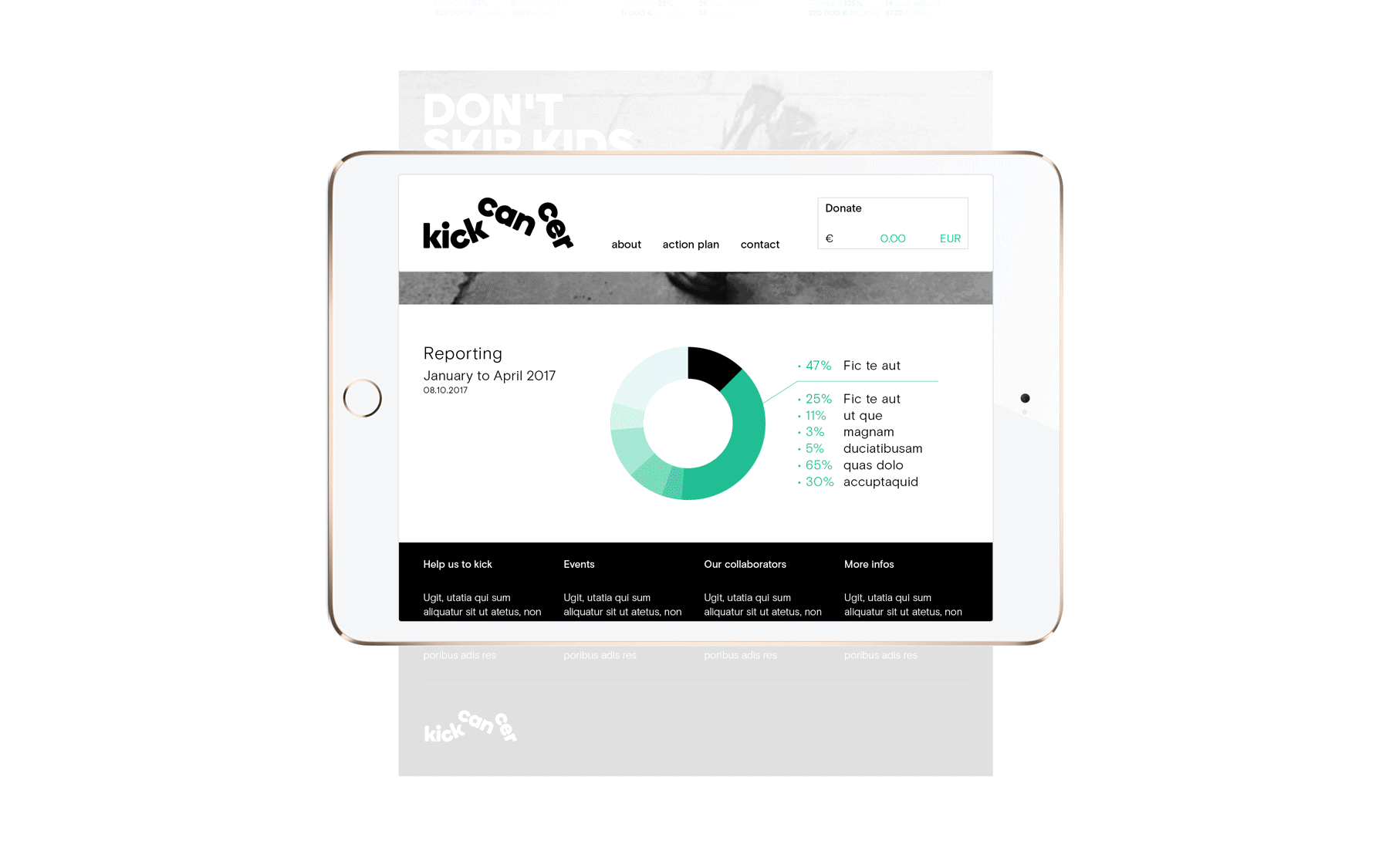 DIgital simulation of the website developed for Kickcancer displayed on a tablet