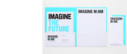A folder and an enveloppe designed for the Miami Art Museum standing on a white table