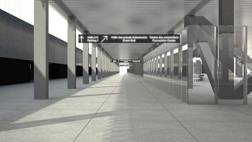 Simulation of a direction sign with the signage designed with OMA in the Parc des Expositions