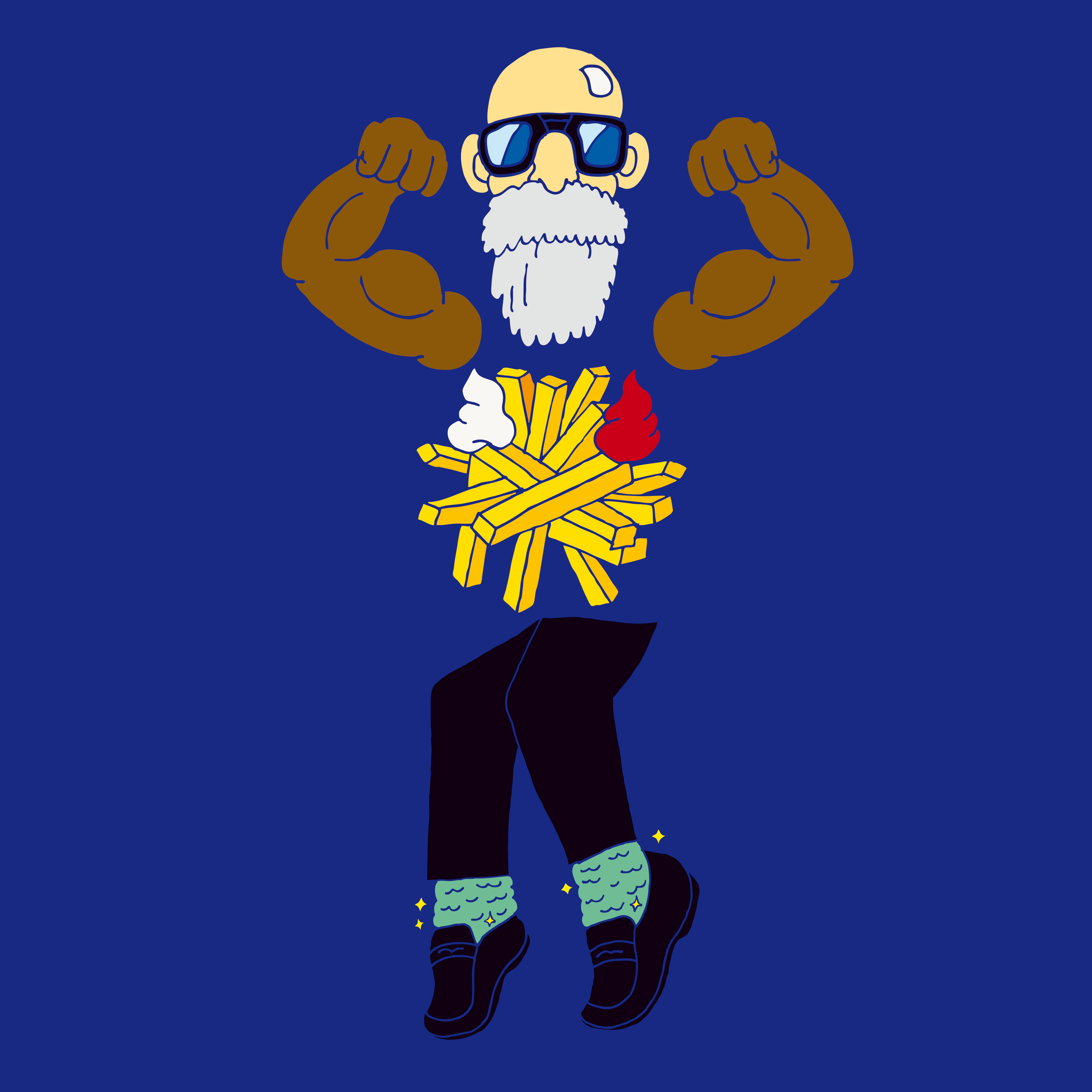 illustration of a man with a big pink belly on roller skates
