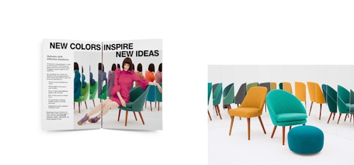 Patchwork of works for Pantone Fashion's branding, with a opened magazine and the set of a shooting