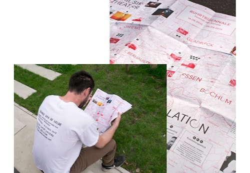 A photo collage with a man reading the branded map and a close-up of this map