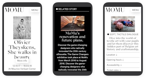 Mobile screenshots showing the design of MoMu's new website